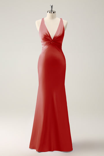 Terracotta Mermaid V Neck Satin Long Bridesmaid Dress